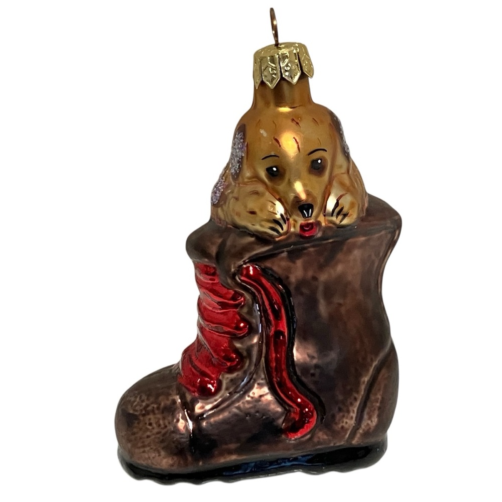 Vintage Christopher Radko Dog in Boot Shoe Puppy Best Friends Christmas Ornament